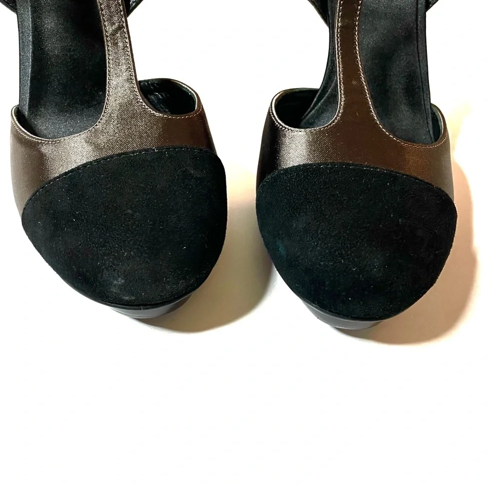 Tory Burch Black and Metallic Brown T‑Strap Heels
